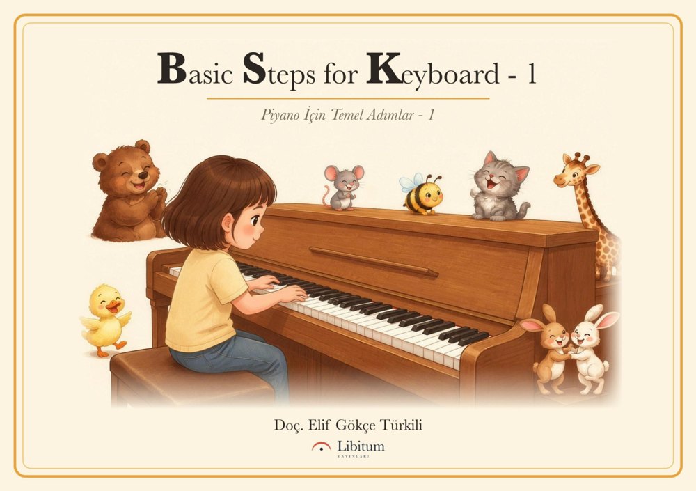 Basic Steps for Keyboard - 1 kitap kapağı — piyano çalan bir kız ve hayvan dostları