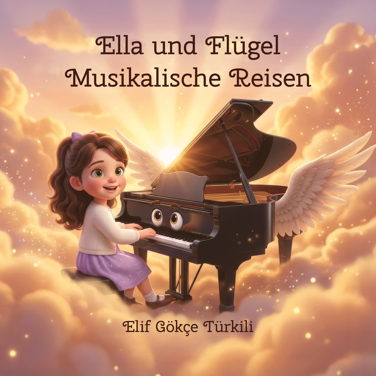 Cover von „Ella und Flügel – Musikalische Reisen“: ein Mädchen fliegt mit seinem Klavier